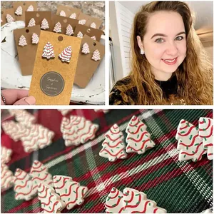 Detailed close-up of Christmas tree stud earrings with red and green wave patterns