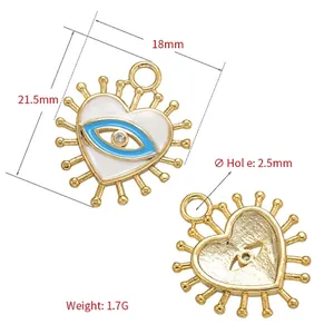 Golden micro-pave heart evil eye charms for DIY jewelry making with dimensions