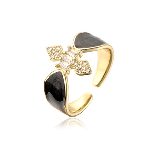 Vintage 18K gold plated ring with cross design, cubic zirconia and black enamel drip oil