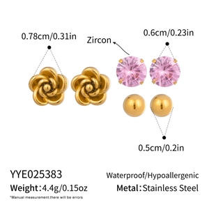 Detailed set of golden rose, pink zircon, and smooth sphere stud earrings with dimensions