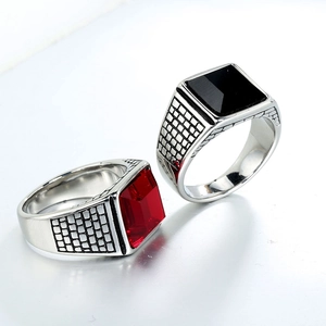 Men's stainless steel ring with square red gemstone and brick texture side band