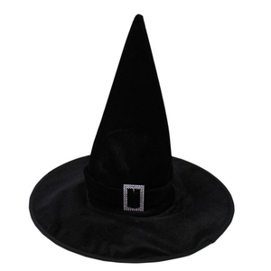 Classic black Halloween witch hat with silver buckle detail on white background