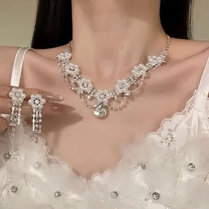 Elegant Artificial Pearl Rhinestone Floral Necklace Tassel Earrings Set Luxury Retro Palace Bridal Party Wedding Accessories