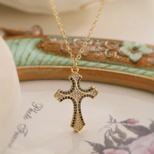 Luxury 18K gold plated cross necklace with black and white zircon inlay on ceramic plate