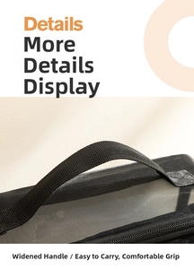 Detail of the wide reinforced handle and breathable mesh fabric on large toiletry bag