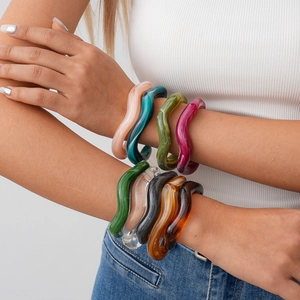 Chic acrylic irregular geometric wavy open bangle bracelets in colorful resin for women