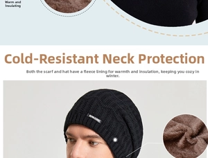 Makroaufnahme des warmen braunen Fleecefutters und der schwarzen Strickstruktur der Mütze