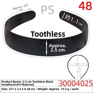 Macro detail of a 2.5cm wide smooth black PS plastic headband showing precise dimensions
