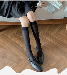 Detail shot of black ribbed knee-high socks paired with stylish Mary Jane shoes
