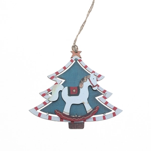 Nordic vintage wooden Christmas tree ornament with painted rocking horse and twine hanger