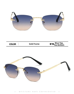 Detail of rimless oval sunglasses with gold metal temples and blue-tea gradient lenses