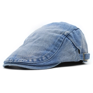Classic washed denim flat cap with adjustable metal buckle and vintage blue texture