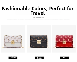 Detailed view of mini crossbody bags with horse print in white, black, and red colors