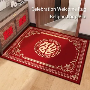 Chinese Wedding Door Mat Red Golden Double Happiness Pattern Non-Slip Polyester Loop Pile Entrance Floor Rug Festive