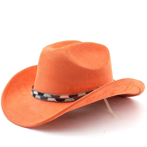 Detail of orange suede cowboy hat featuring colorful beaded trim and adjustable chin strap