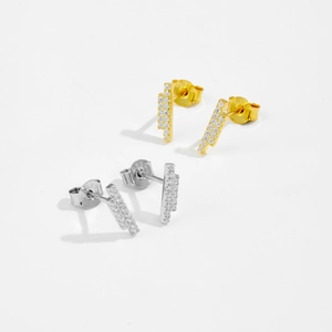 Detailed close-up of S925 sterling silver bar earrings with inlaid zircon crystals