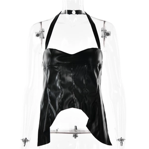 Detail of black leather halter top featuring an asymmetrical hem and backless design