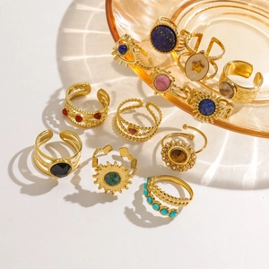 Bohemian 14K gold-plated stainless steel ring set with colorful natural stones
