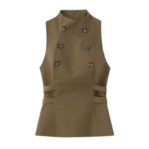 Sleeveless khaki double-breasted vest top for women featuring trendy side cut-out details