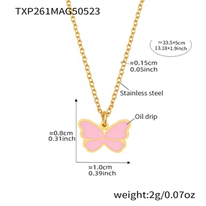 Detailed view of pink butterfly pendant necklace with golden stainless steel chain specs