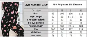 Detailed size chart for heart print pajama set showing measurements for S to XL sizes