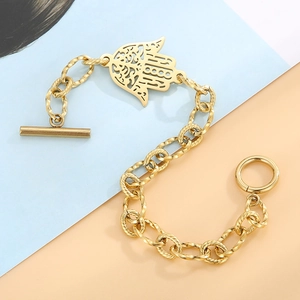 Gold stainless steel Hamsa Hand bracelet with large chain links and OT toggle clasp