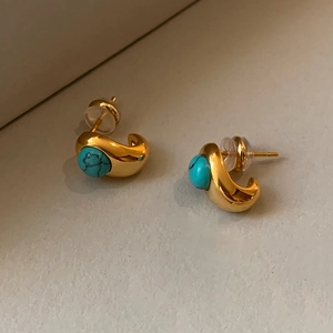 Turquoise Round Stud Earrings With Silver Earring Post 18K Gold Plated Copper C Shape Vintage Minimalist Jewelry Women