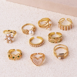 Copper Artificial Pearl Rings Adjustable Open Geometric Gold Plated With Cubic Zirconia Fashion Elegant Jewelry For Women