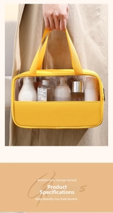 Detail showing yellow PU leather base and transparent PVC window of portable makeup bag