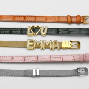 Customized zircon letter bracelets in assorted leather and Milanese mesh metal styles