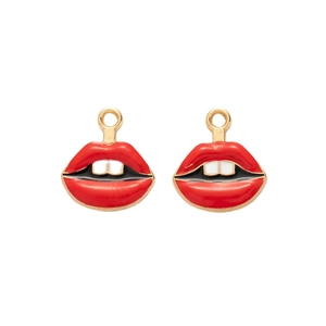 Pair of gold-framed red lip alloy charms with white teeth for DIY jewelry making