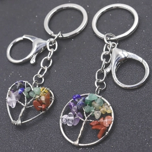 Natural crystal tree of life keychains with heart and round wire wrapped pendants