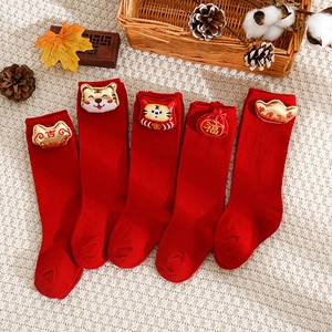 Red Christmas and Lunar New Year baby socks with cute 3D cartoon embroidery decor