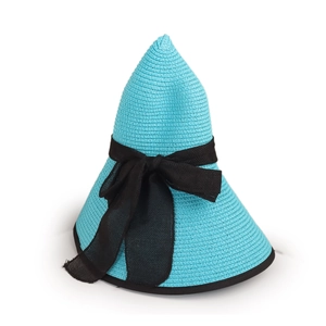 Detail showing the spiral straw weave pattern and black ribbon bow on a blue sun hat