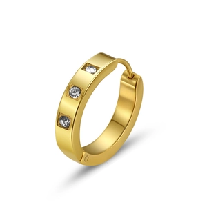 Detail of 18K gold-plated wide hoop earring with three square-cut inlaid diamonds