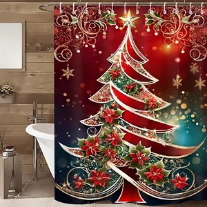 3D Christmas shower curtain with artistic tree and poinsettia pattern in modern bathroom