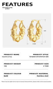 Detailed size specifications for gold stainless steel bamboo hoop earrings measuring 3cm