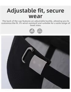 Détail de la boucle métallique réglable et de la sangle à l'arrière de la casquette noire