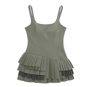 Army green pleated camisole dress for women with asymmetric layered hem details