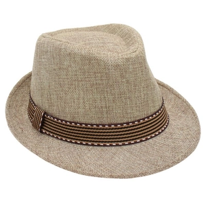 Detail of woven khaki fedora hat featuring a stylish brown striped decorative band