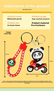Vista dettagliata del portachiavi panda su moto 3D con dimensioni e materiali specificati