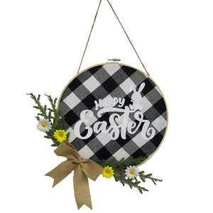 30cm Easter welcome wreath with black white plaid, rabbit silhouette and flowers