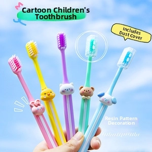 Detail showing five colorful kids toothbrushes with cute resin animals and dust covers