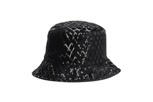 Close-up of black bucket hat featuring silver sequins in a geometric diamond pattern