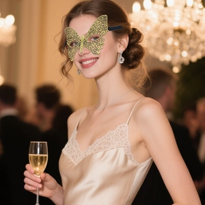 Detail of elegant gold lace butterfly mask worn by a woman at a festive masquerade party