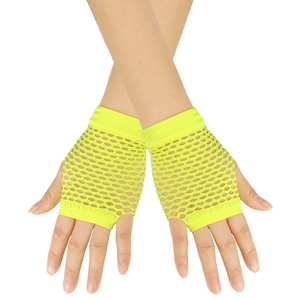 Close-up of vibrant neon green short fishnet gloves with elastic mesh detail on a model