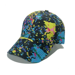 Stylish black baseball cap featuring vibrant colorful graffiti and artistic paint splatter