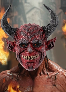Detail of red devil mask with black horns featuring realistic skin texture and fangs