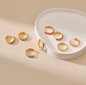 Detailed set of 18K gold plated hoop earrings with rainbow and colorful zircon inlays