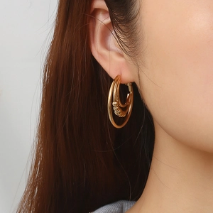 Three-layer gold-plated stainless steel hoop earrings with small beads for women